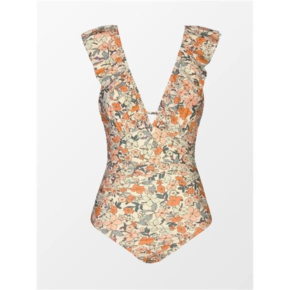 Women's Ruffled One Piece Swimsuit V Neck Lace Up - Picture 3 of 6